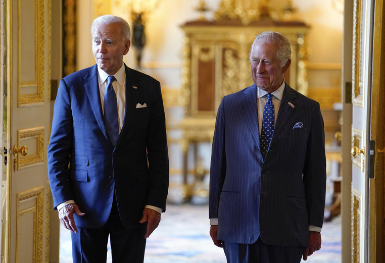 Britain's King Charles III, right, and President Joe Biden in the Green Drawing Room at Windsor Castle, England.