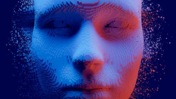 Concept of an AI wearing a digitized human face expressing the ambivalence of AI. 3d rendering