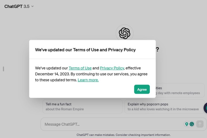 OpenAI's updated terms and conditions and privacy policy for ChatGPT.