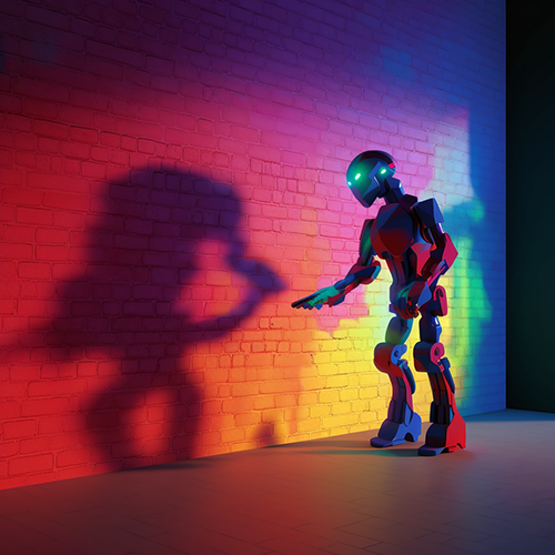 Colorful wall sets off the shdow of a full sized robot looking at the shadow