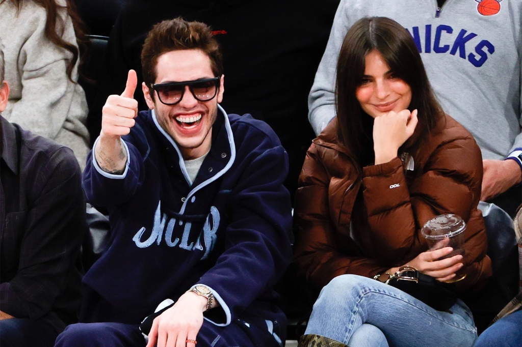 Pete Davidson and EmRata sitting courtside